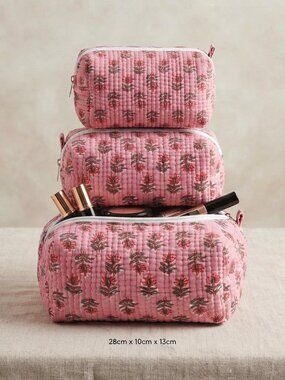 Set Of 3 Block Print Toiletry Bags, Cotton Makeup Bag, Cosmetic Bag Set Gift